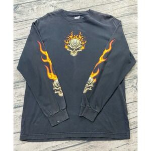 Y2K Vtg Long Sleeve L T-Shirt Top Heavy Skull Flame 2001 Skater Urban‎ Street